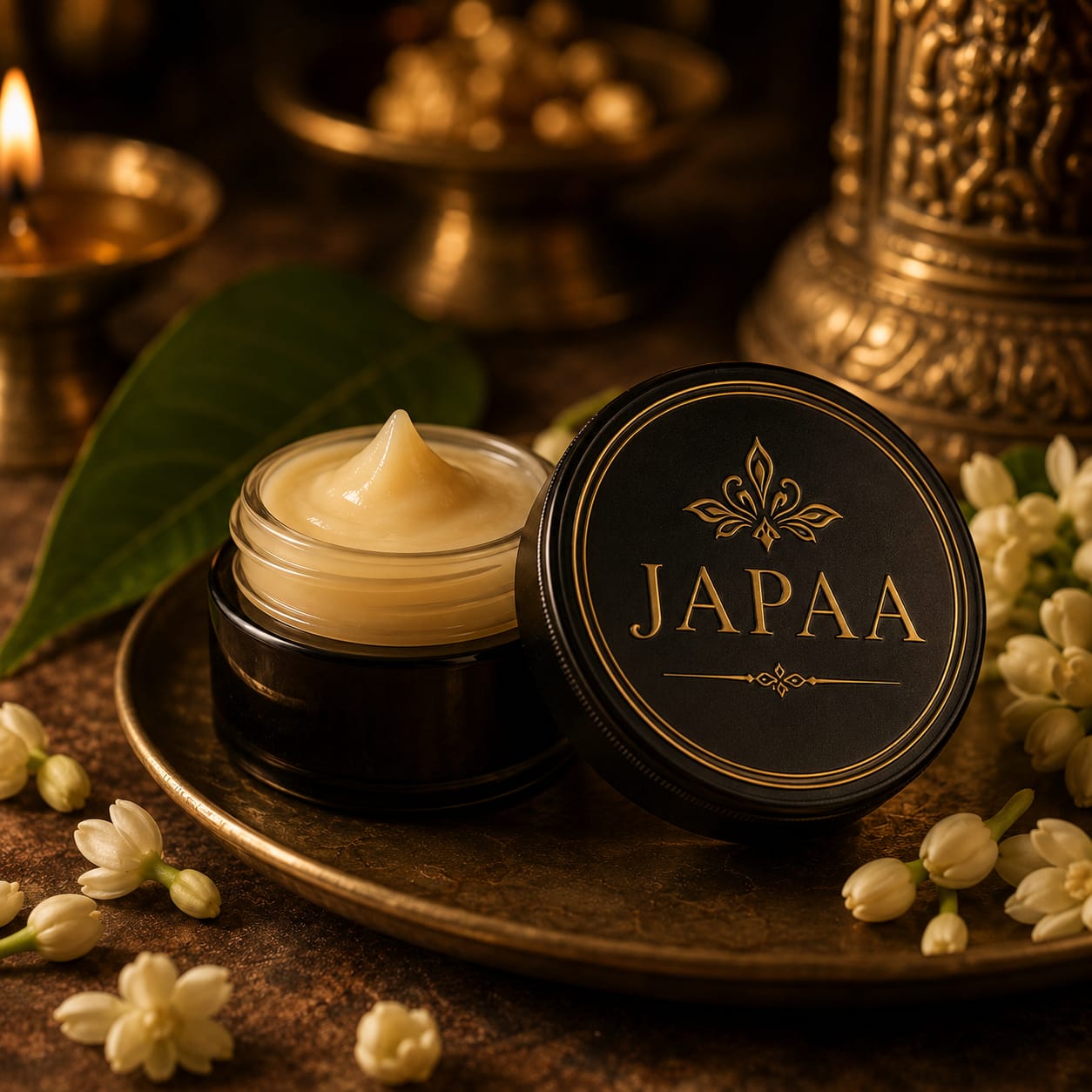 An open jar of pale yellow cosmetic cream or balm sits beside its black lid on a bronze tray, with the lid printed gold with the brand name JAPAA. The scene is styled with white flowers, a green leaf, and warm brass lamps in the background.