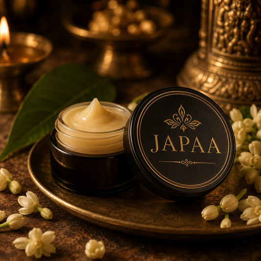 An open jar of pale yellow cosmetic cream or balm sits beside its black lid on a bronze tray, with the lid printed gold with the brand name JAPAA. The scene is styled with white flowers, a green leaf, and warm brass lamps in the background.
